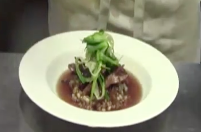 Aiguillettes de canard confites, orge torréfié et caramélisé