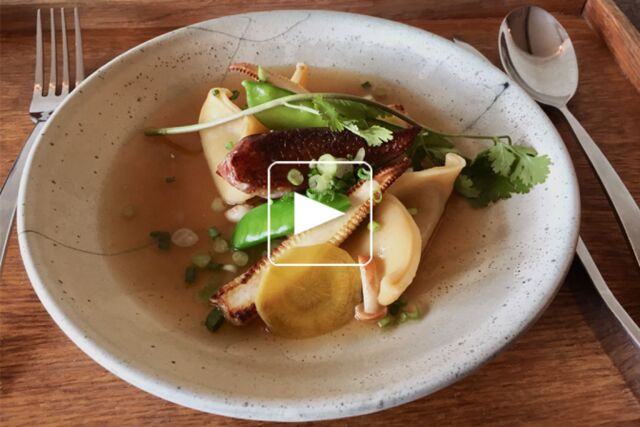 Ravioles aux champignons shimeji, bouillon thaï et légumes croquants